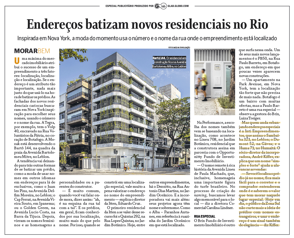 Reportagem endereços batizam novos residenciais no Rio - O Globo Morar Bem - 05.02.23